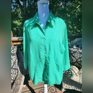 Vintage Joanna Womens Layered Blouse 3/4 Sleeve Green w/ White Polka Dots Sz XL